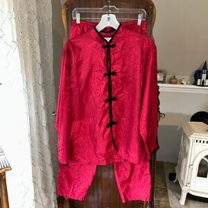 Kathryn Pajama Set Black Red Floral Frog Button Satin Oriental Large
